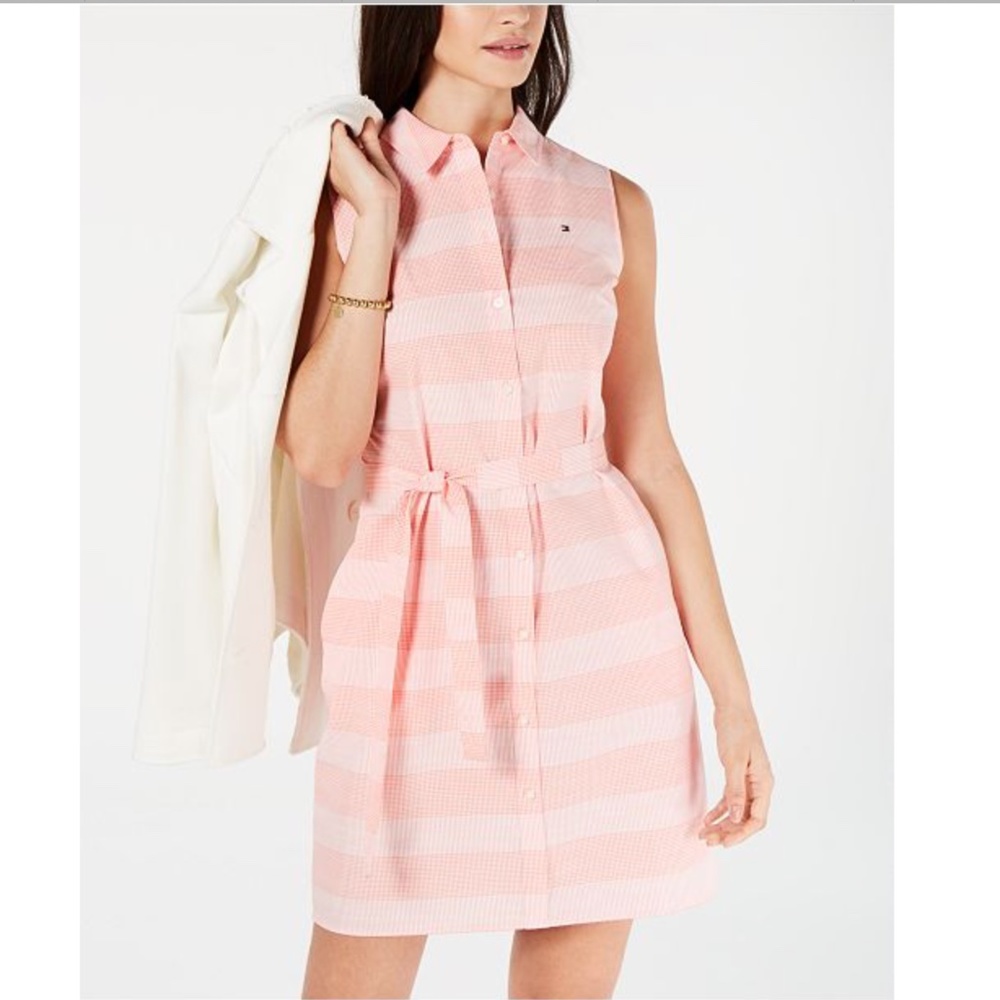 Tommy Hilfiger Pink & White Sleeveless Striped Shirt Dress